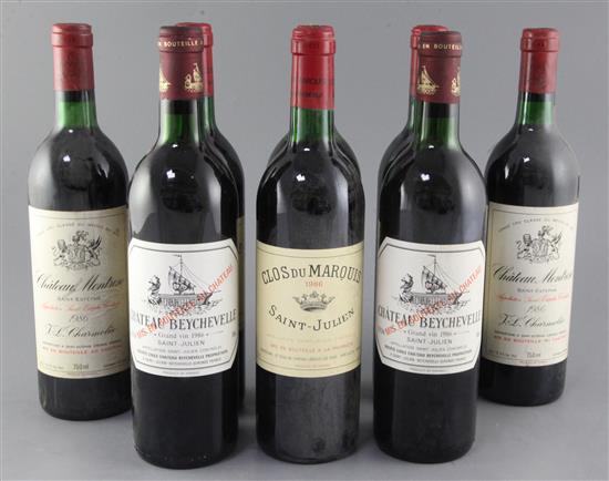 Four bottles of Clos du Marquis 1986, 2 bottles of Chateau Montrose  1983 and three bottles of Chateau Beychevelle 1986